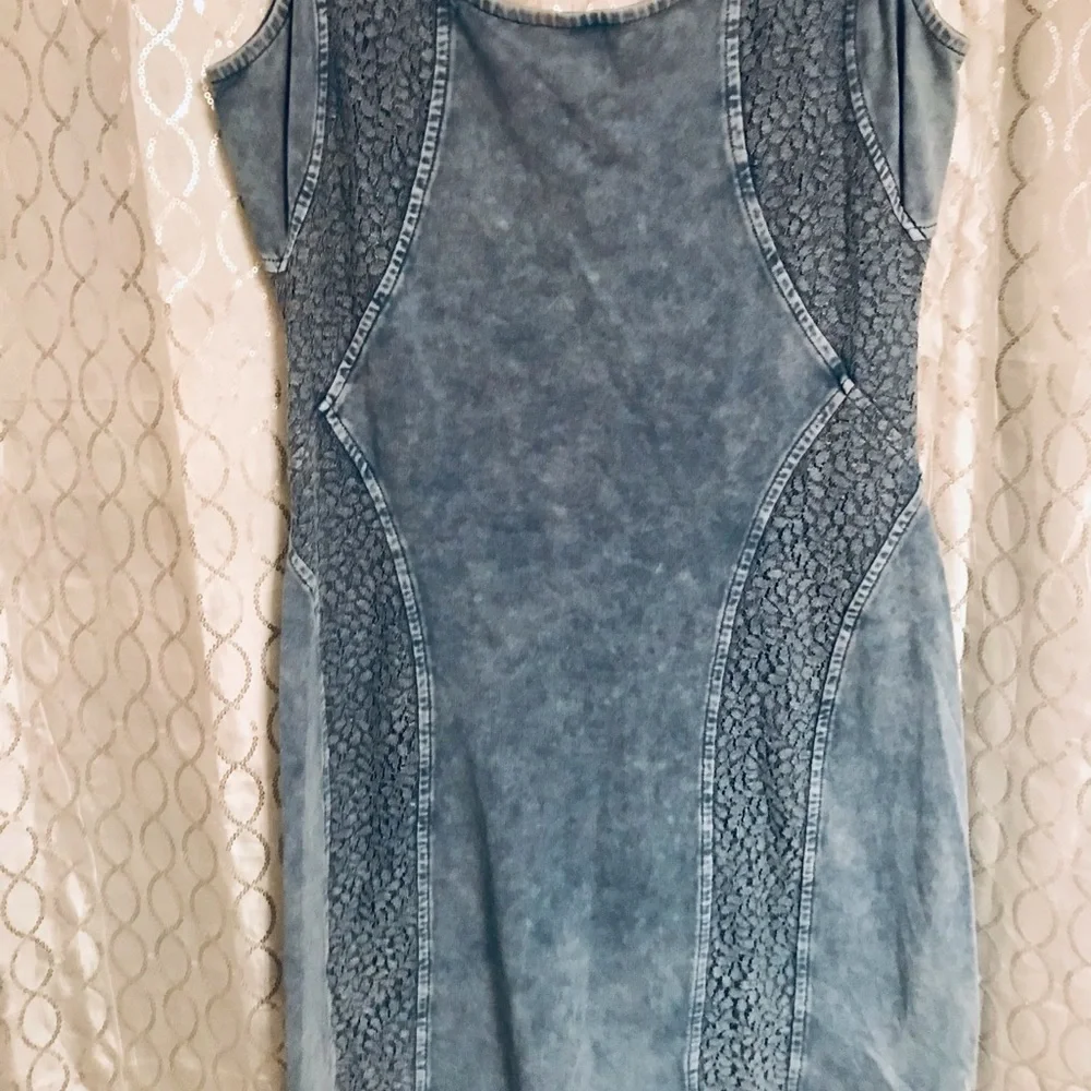 Free People BodyCon Tank Dress Blue/Grey w/ Lace Inlay Stone Wash Cotton/Spandex - Picture 7 of 14